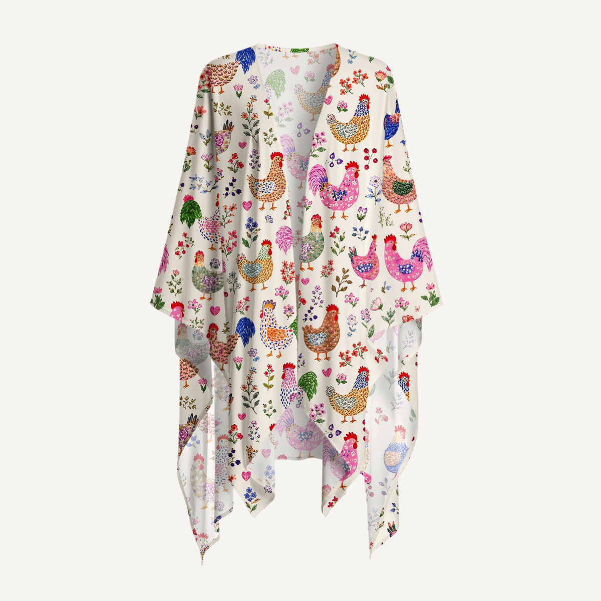 Colorful Farm Chickens Print Kimono Shawl Wrap