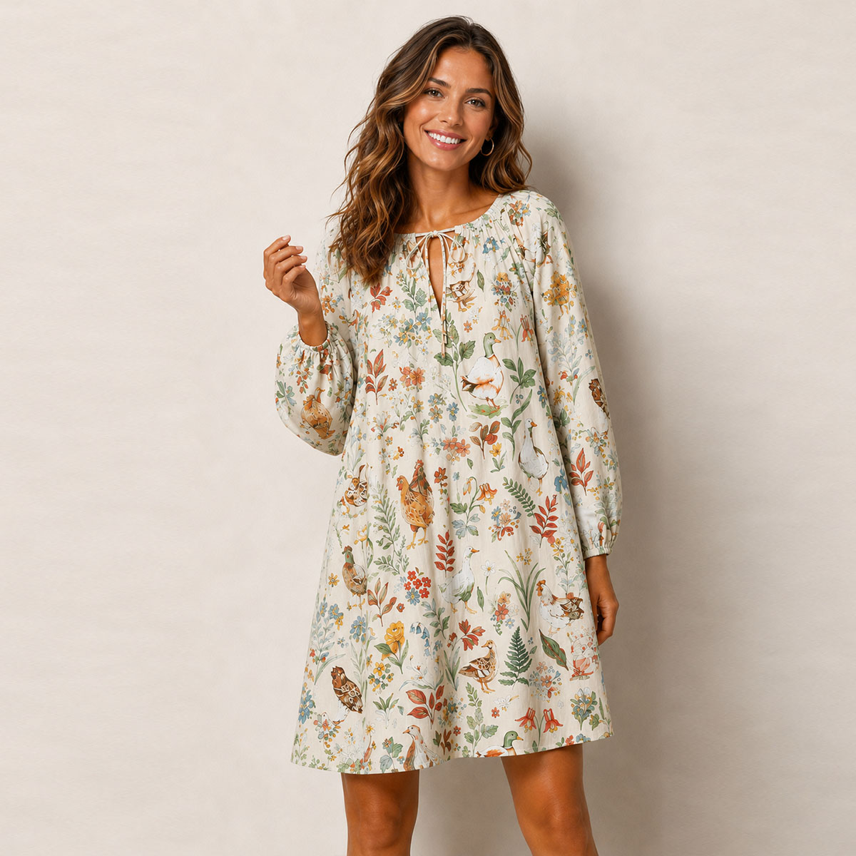 Countryside Garden Critter Print Boho Tie‑Neck Smock Mini Dress