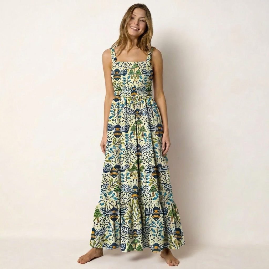 Botanical Bee Garden Print Wide Straps Maxi Dress With Pockets