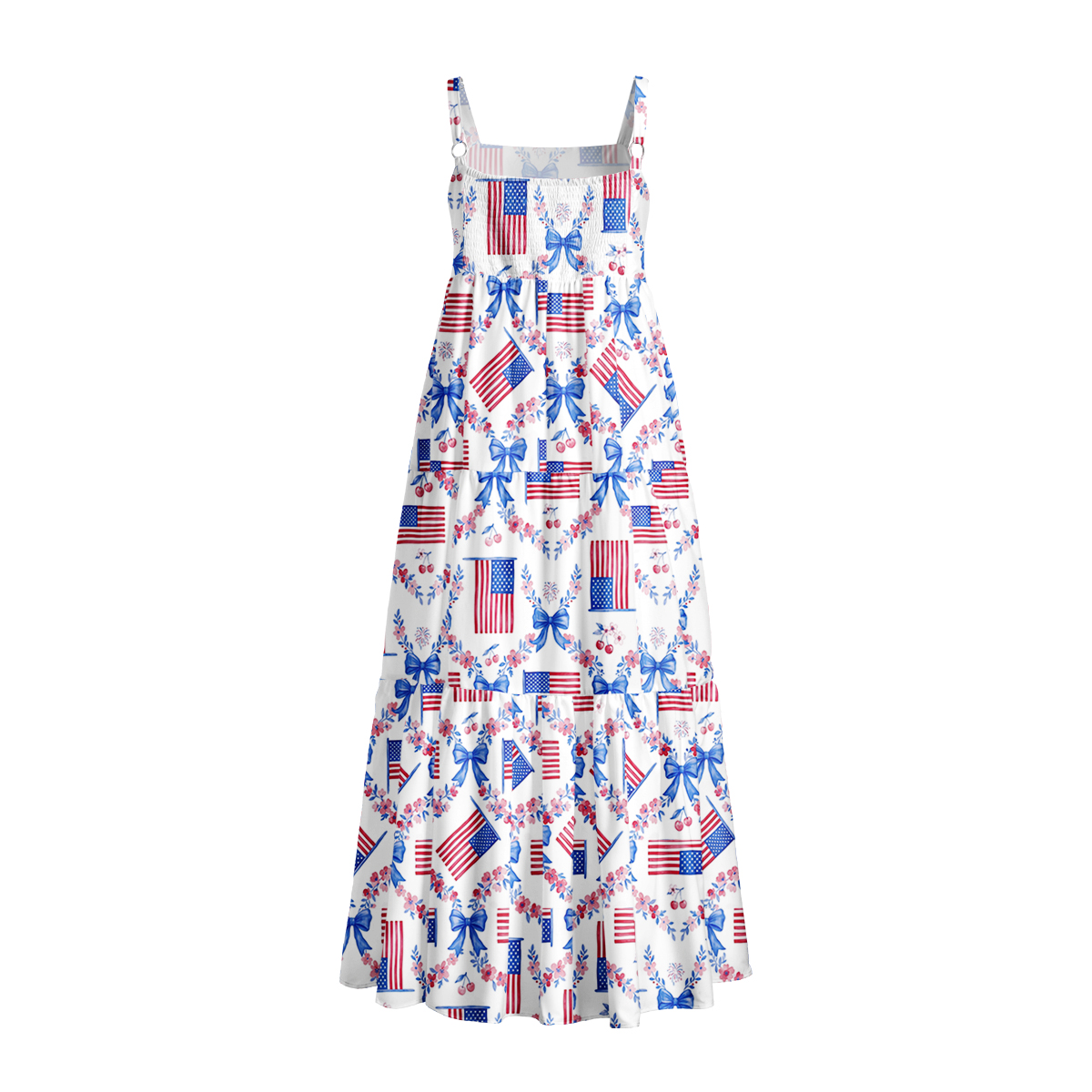 Patriotic Floral Print Wide Straps Maxi Dress With Pockets