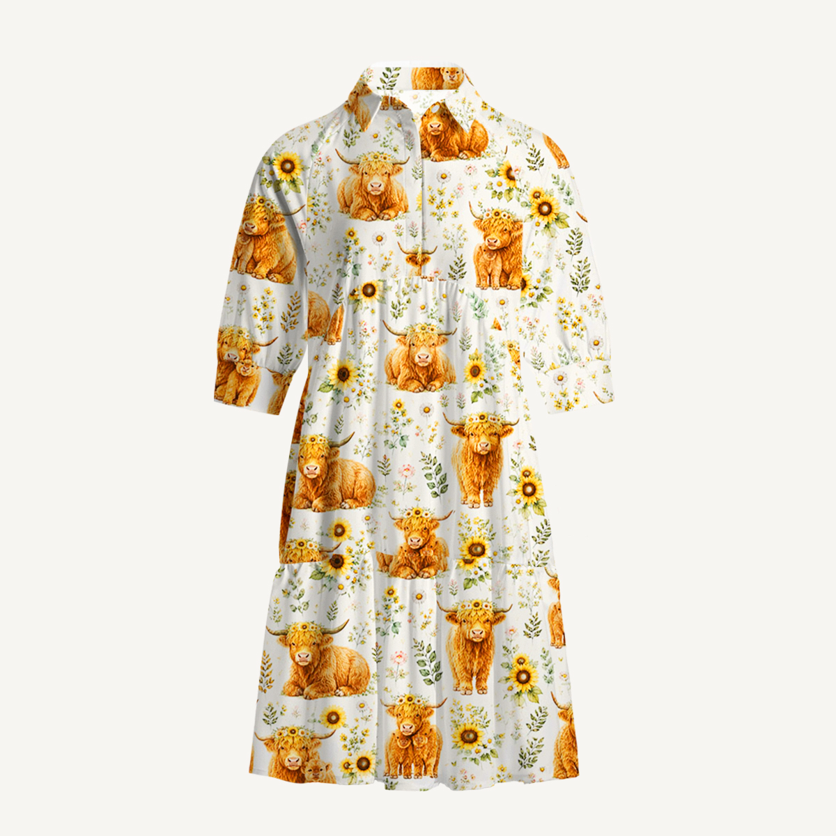 V Neck Collared Spring Highland Cow Mini Dress For Women With Pockets