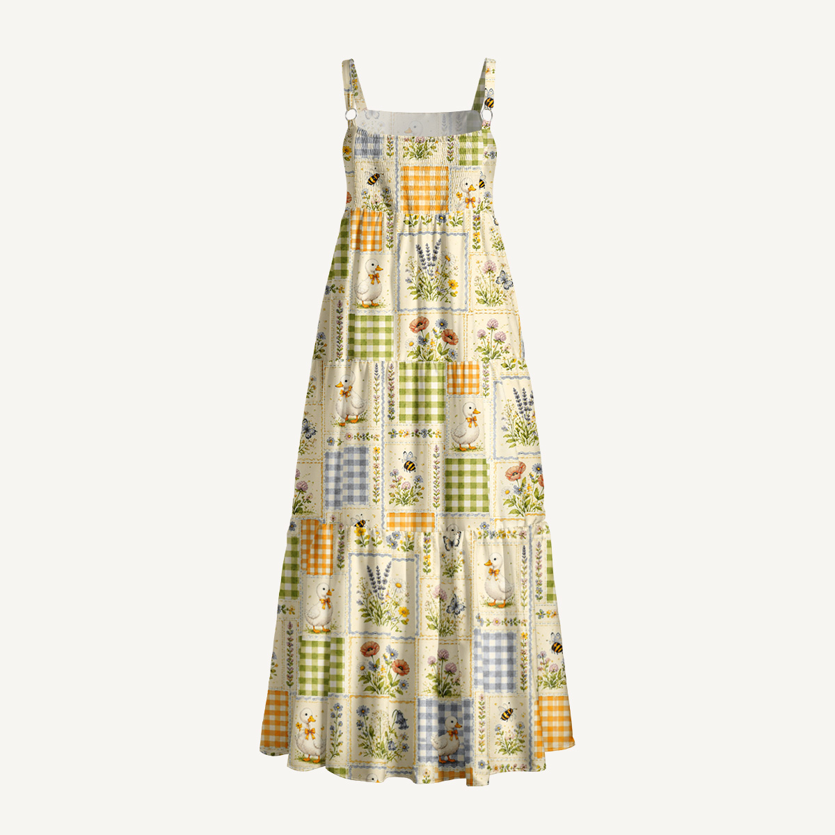 Funny Duck Quilt Patchwork Print Wide Straps Maxi Dress With Pockets