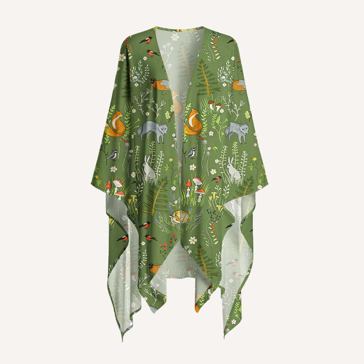 Whimsical Woodland Animals Print Kimono Shawl Wrap