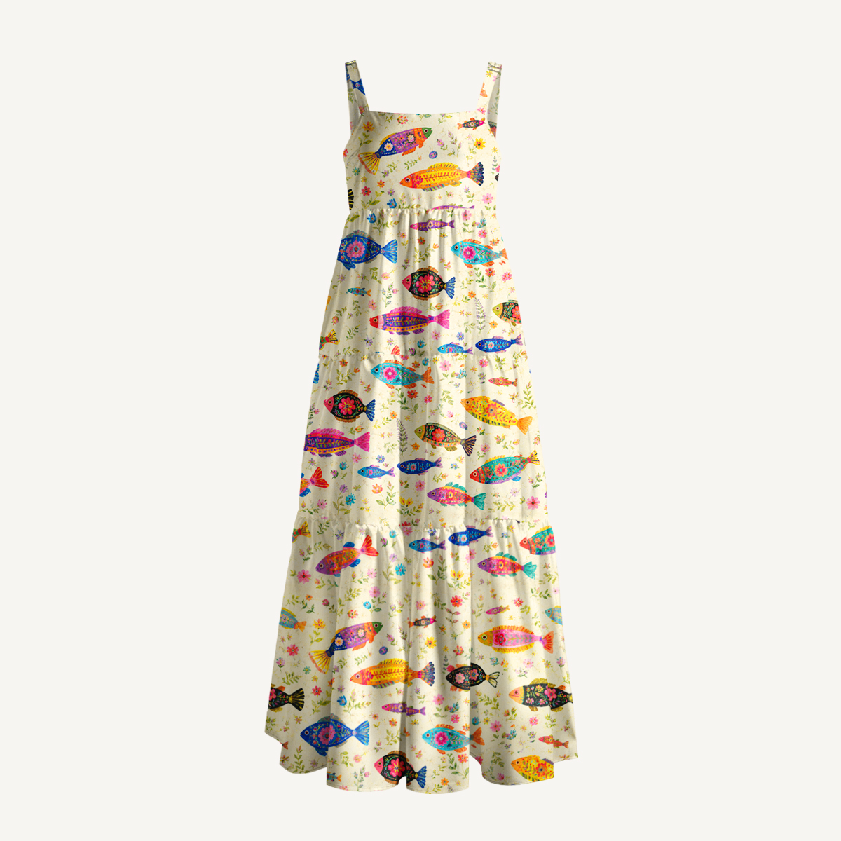 Boho Colorful Fish Print Wide Straps Maxi Dress With Pockets