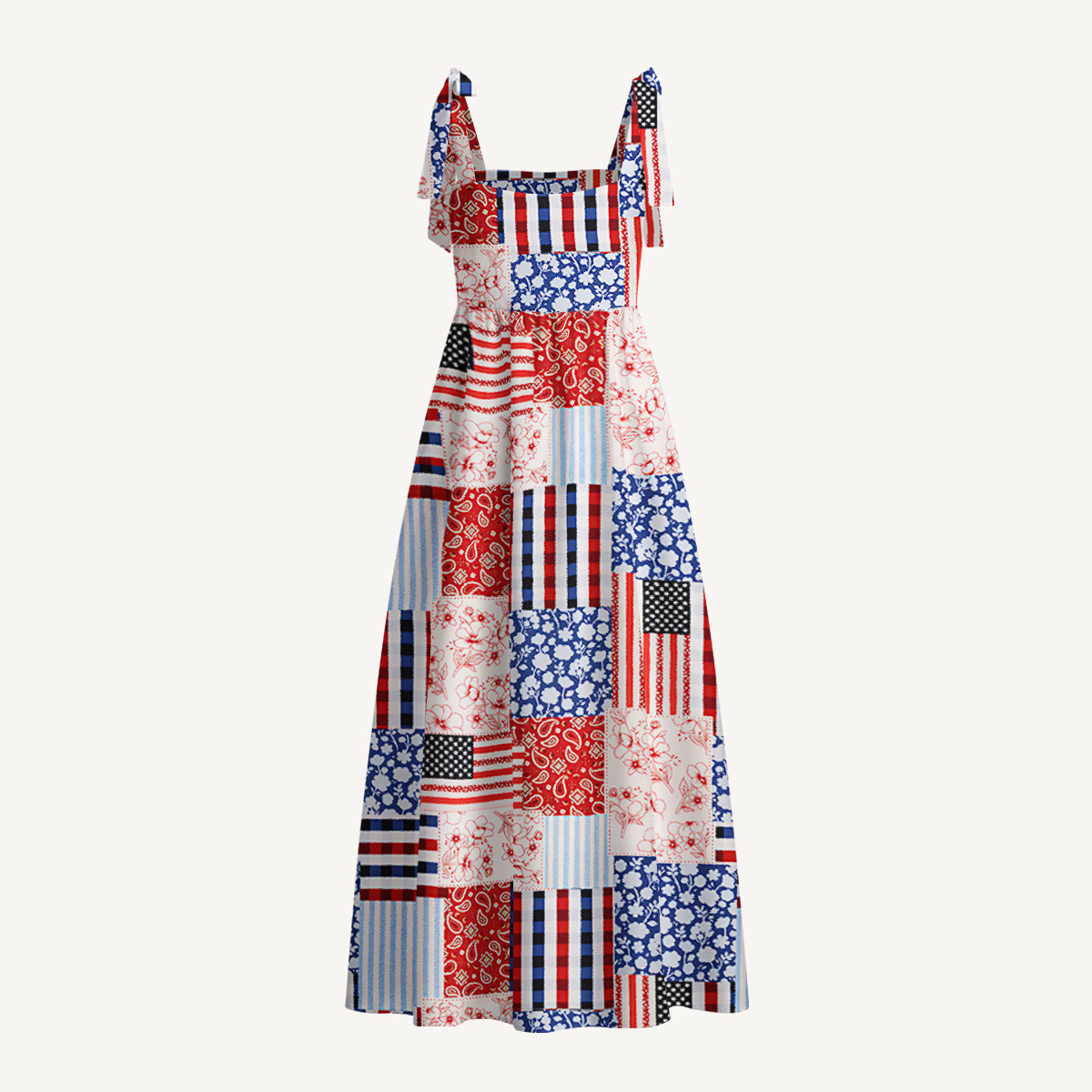 Patriotic Patchwork Quilt Print Bow Strap Maxi Dress