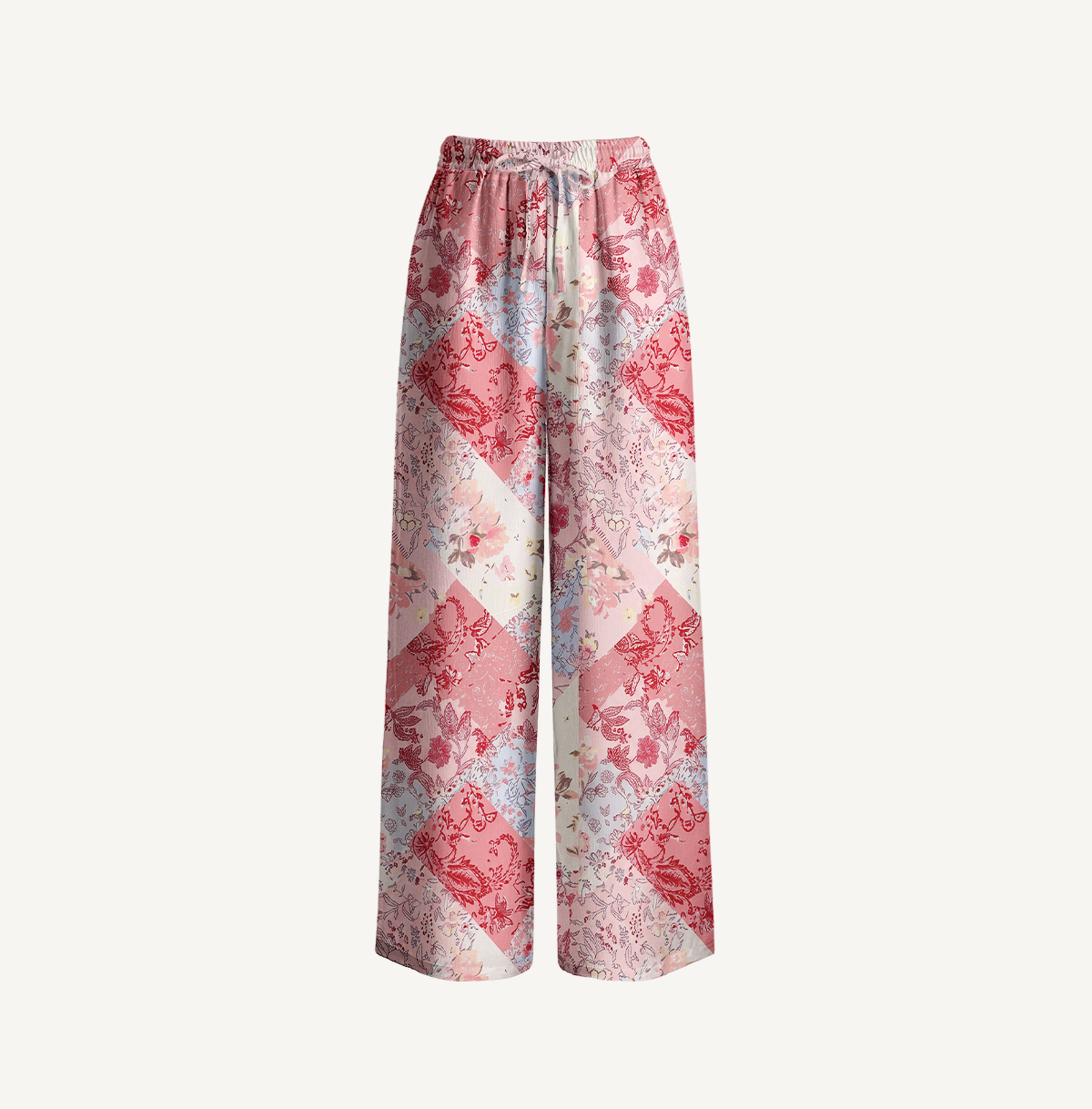 Shabby Chic Floral Patchwork Print Wide Leg Tie Waist Pants With Pockets