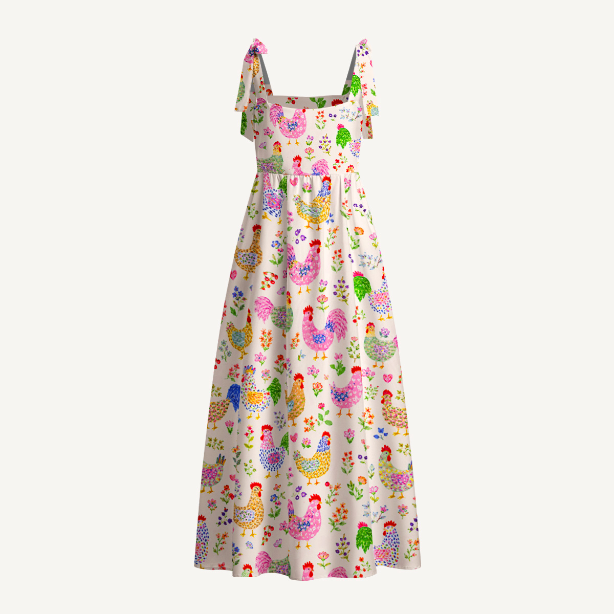 Colorful Farm Chickens Print Bow Strap Maxi Dress