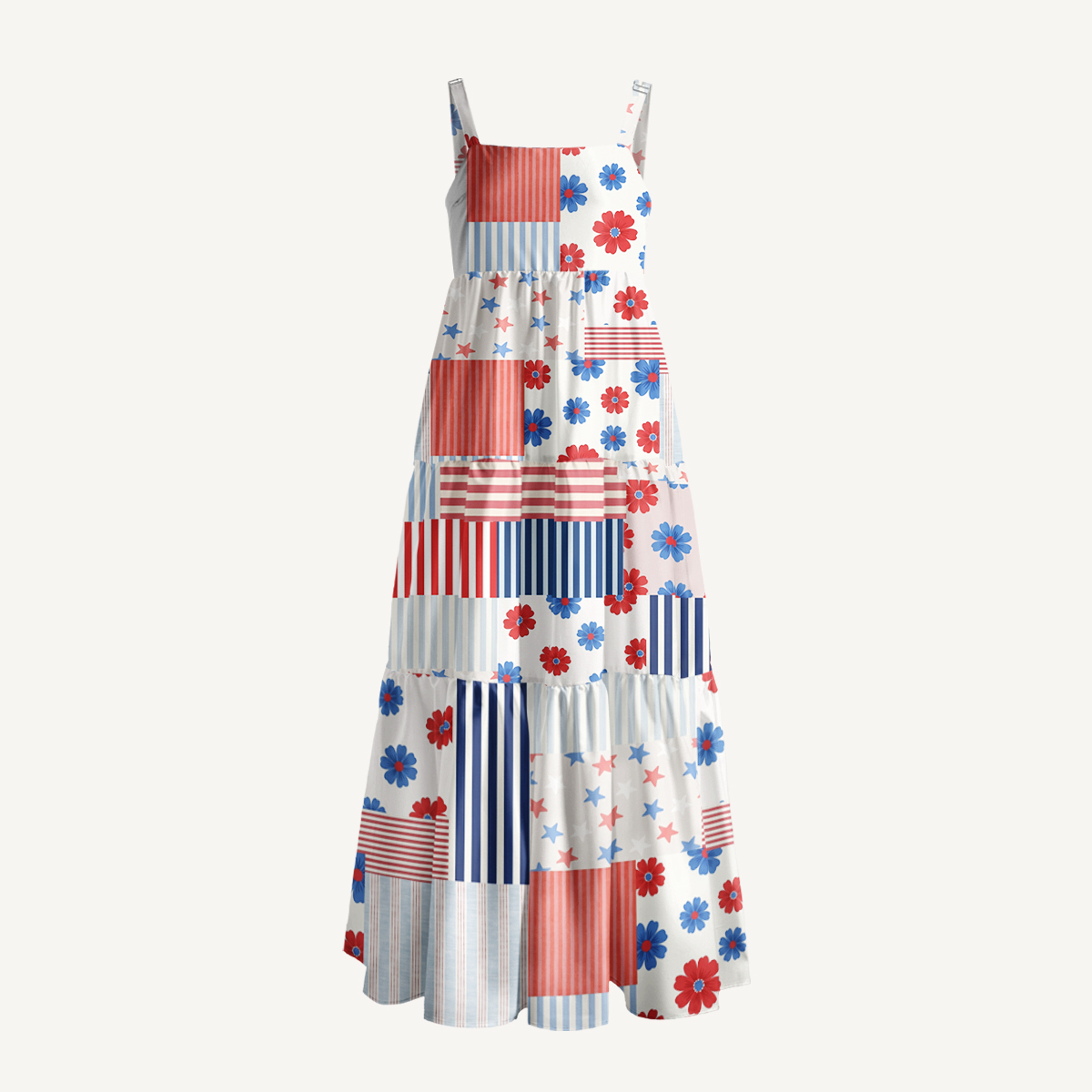 Flower Flags Print Quilt Wide Straps Maxi Dress With Pockets