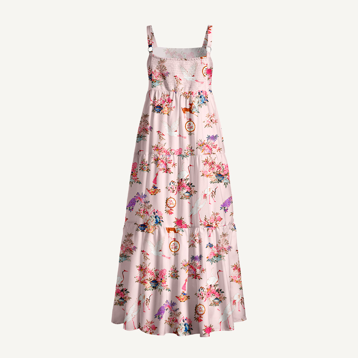 Vintage Oriental Crane Print Wide Straps Maxi Dress With Pockets