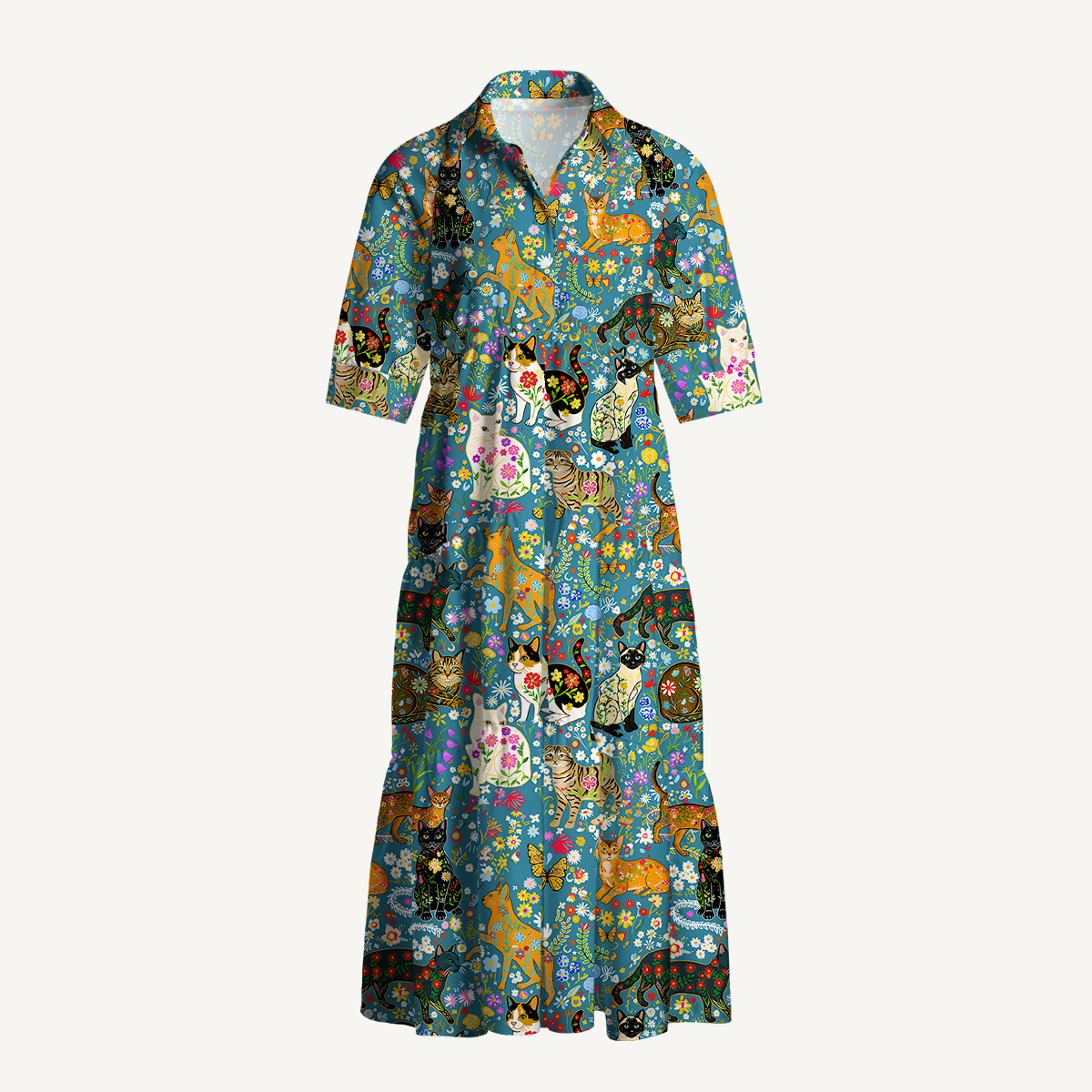 V Neck Collared Colorful Garden Cat Midi Dress For Women With Pockets