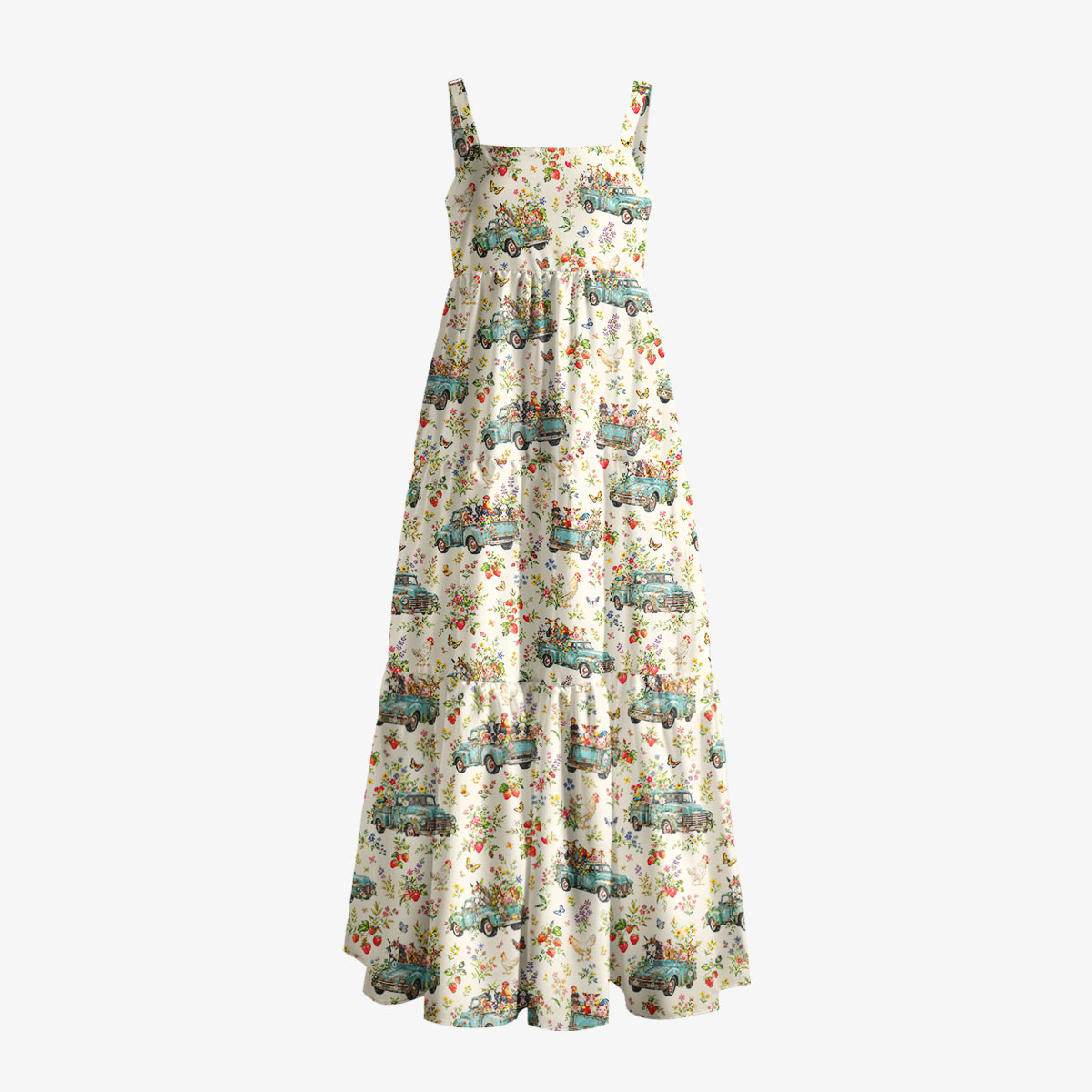 Vintage Blue Truck Garden Party Print Wide Straps Maxi Dress With Pockets