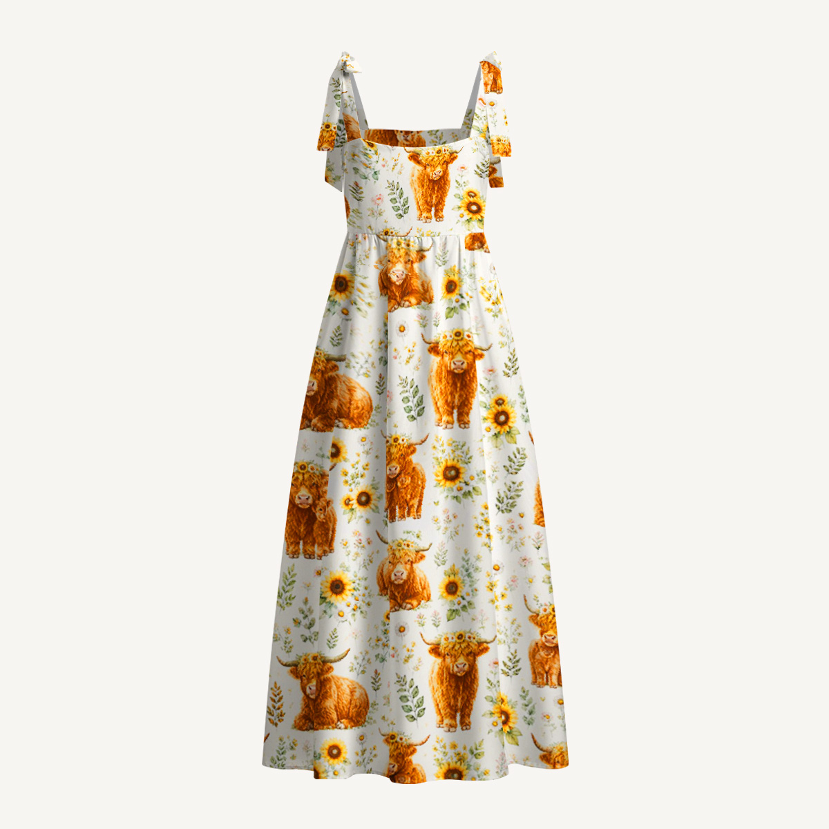 Spring Highland Cow Floral Print Bow Strap Maxi Dress