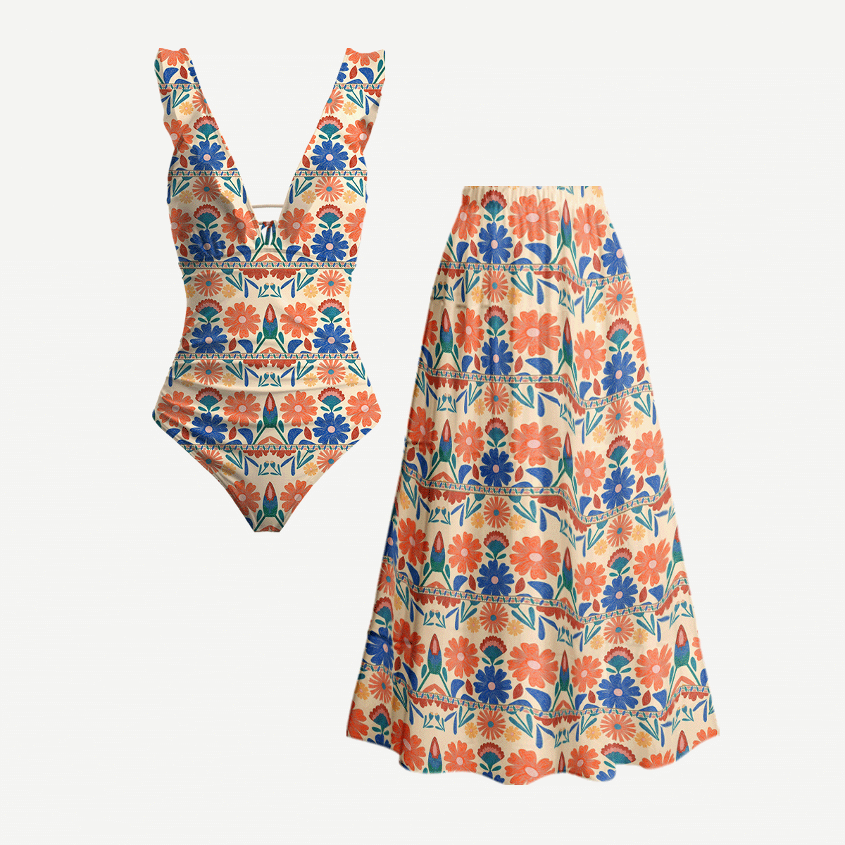 Bohemian Folk Floral Stripe Ruffled V Neck One Piece Swimsuit and Matching Midi Skirt Set