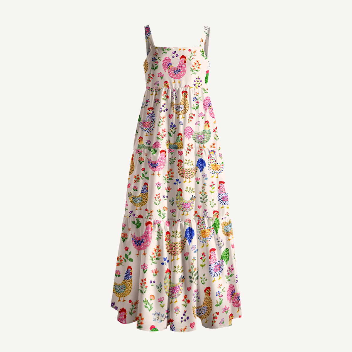 Colorful Farm Chickens Print Wide Straps Maxi Dress With Pockets