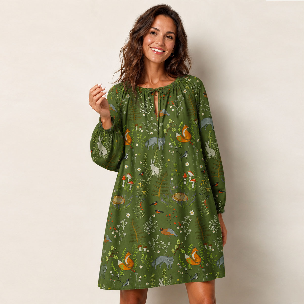 Whimsical Woodland Animals Print Boho Tie‑Neck Smock Mini Dress