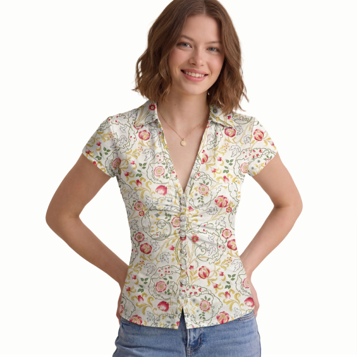 V-Neck Short Sleeve Peony Vine Garden Print Mesh Top
