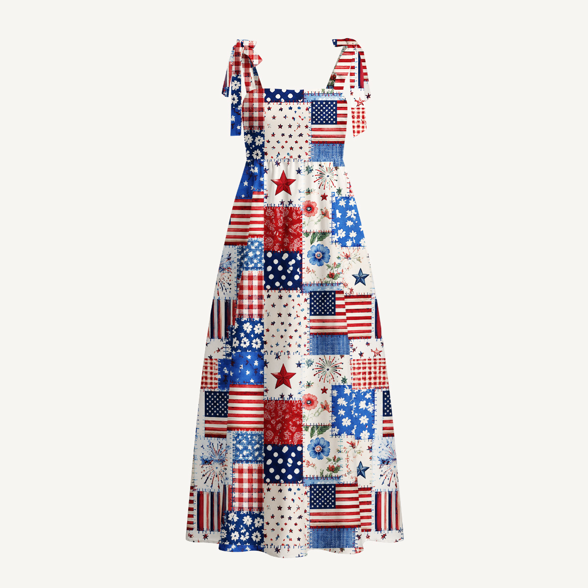 Rustic Americana Patchwork Print Bow Strap Maxi Dress