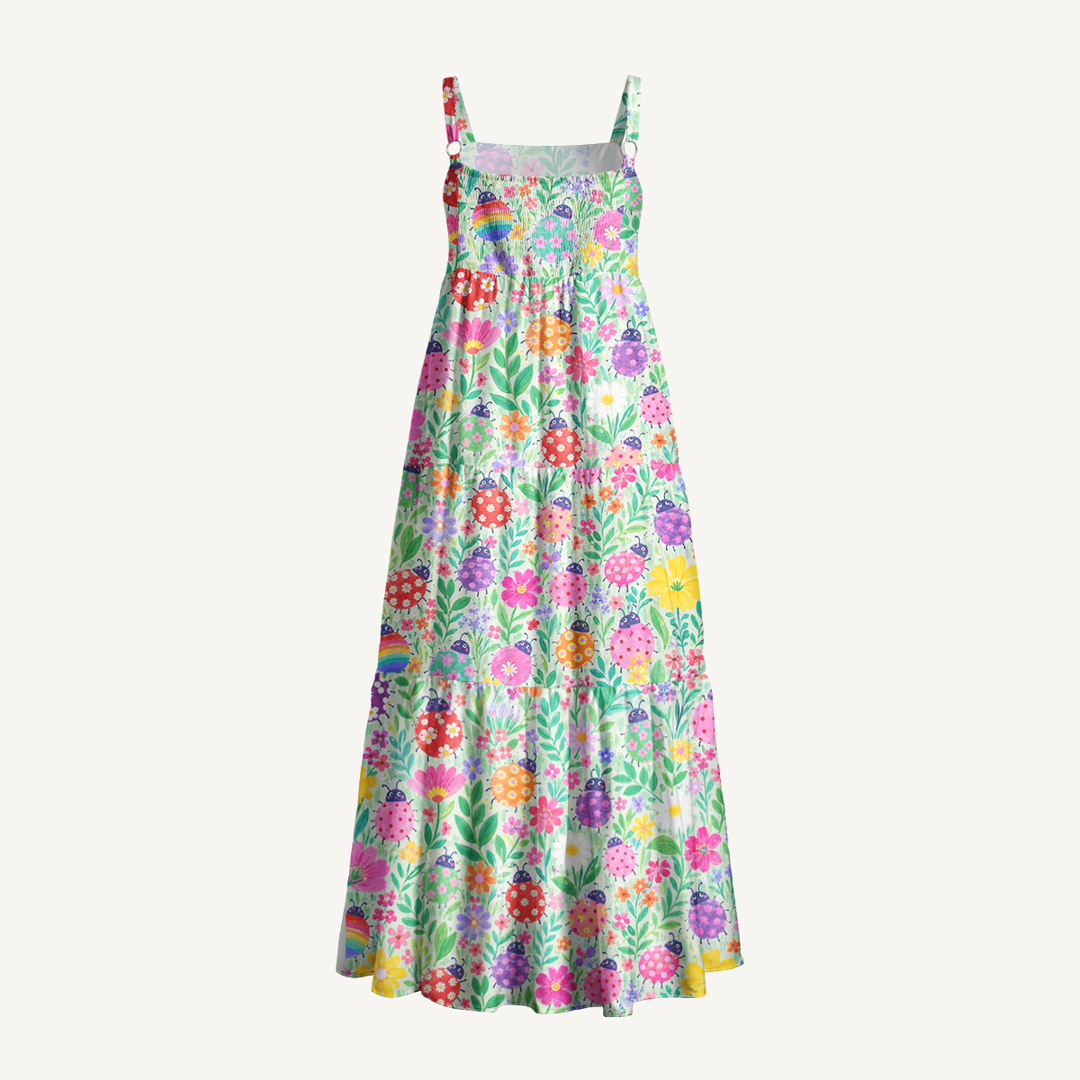Happy Ladybug Floral Print Wide Straps Maxi Dress With Pockets