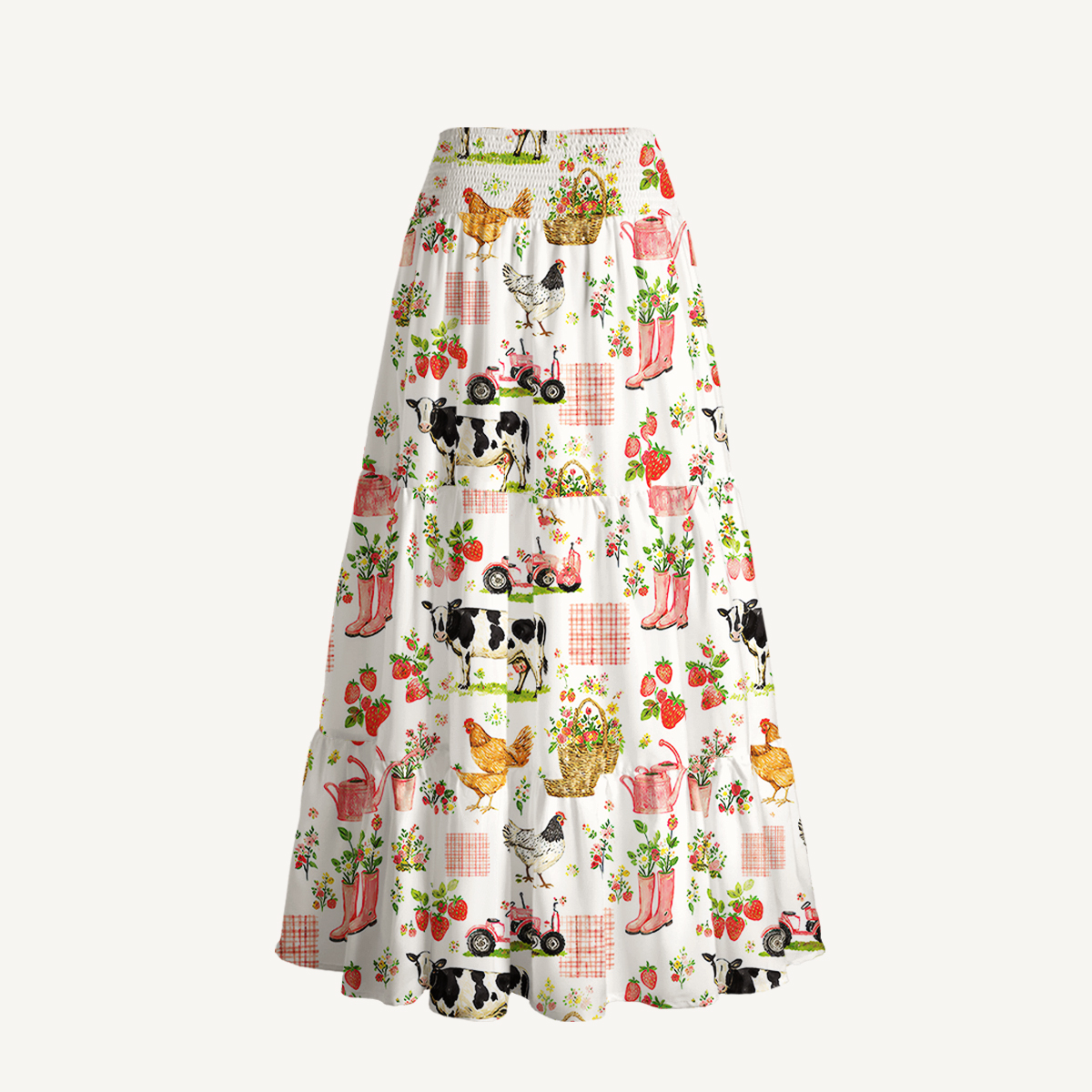 Watercolor Pink Farm Chicken Cow Print Convertible Maxi Skirt & Strapless Dress